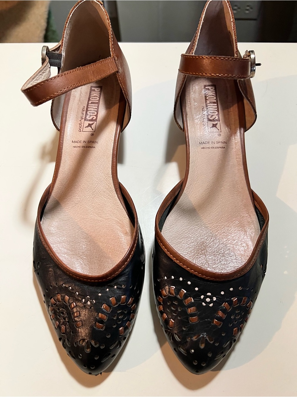 Pikolinos Elba Mary Jane kitten heels with ankle strap and laser cut design .